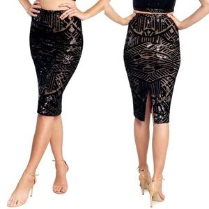 NWT Dress The Population Sequin Nola Skirt Black Nude